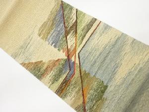 リサイクル　作家物　手織り紬すくい織抽象模様織出し袋帯